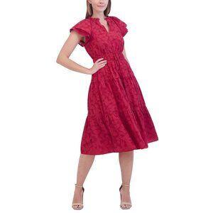 139$ Jessica Howard Flutter-Sleeve Burnout A Line MIDI Dress Size 10 Maroon